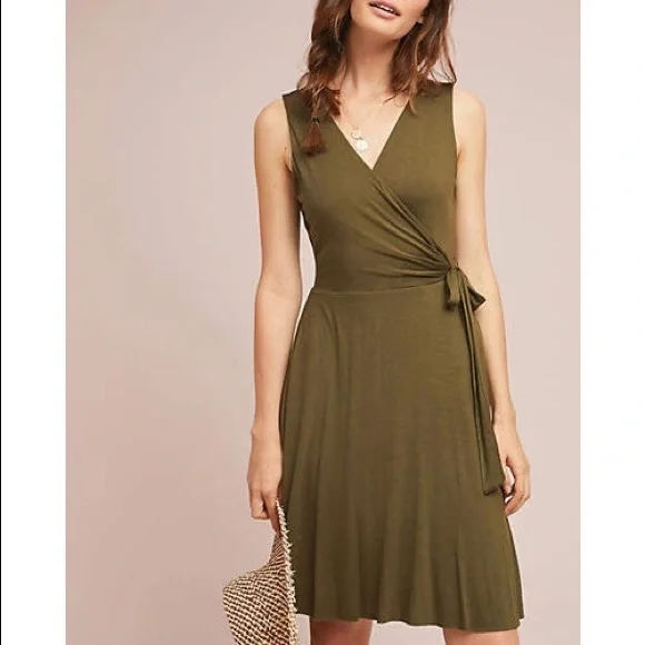 Anthropologie | Dresses | Anthropologie Emile Olive Green Faux Wrap Midi  Dress L | Poshmark